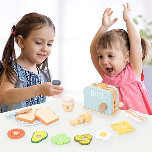 Miniatura 7 de Juego de cocina de madera con tostadora, 17 piezas, accesorios de comida para niños pequeños de aprendizaje temprano, juego de juego de desayuno,