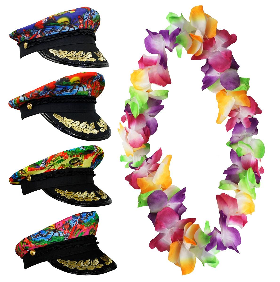 Sailor Hat Hawaiian Look + Multi-Coloured Lei Necklace Fancy Dress Hula Set Captain Boat Party Hawaii (Blue)