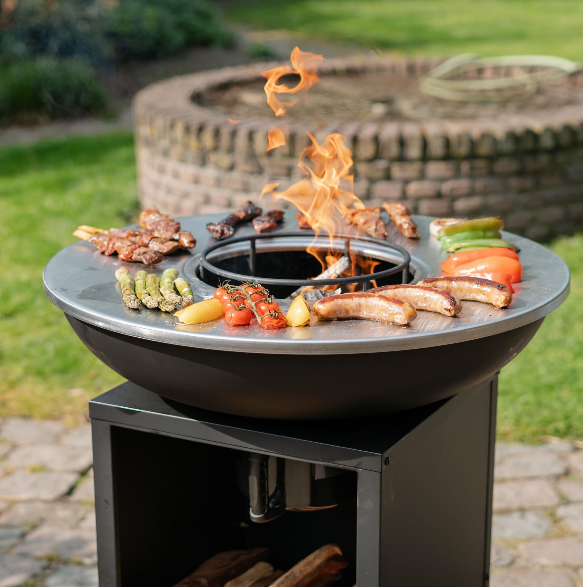Plancha grill BBQ Amigo met hoes en houtopslag vuurschaal rvs buitenkeuken grillring voor buiten 67x67x92cm (RJR0058)