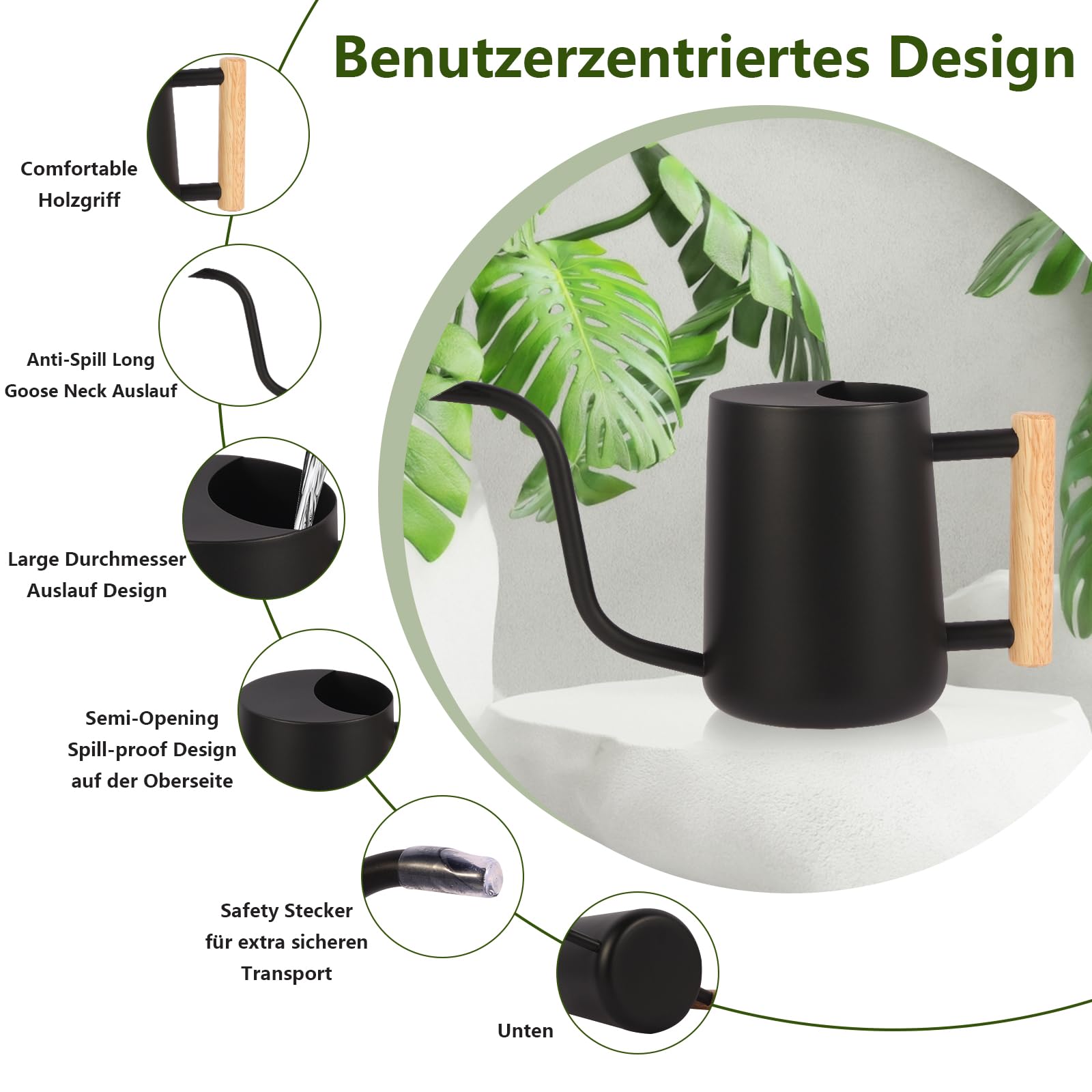 Annaffiatoio per piante da interno, 1 l, piccolo annaffiatoio per interni, in metallo, in acciaio inox, moderno, con beccuccio lungo, per casa, piante, bonsai all'aperto, fiori (nero)