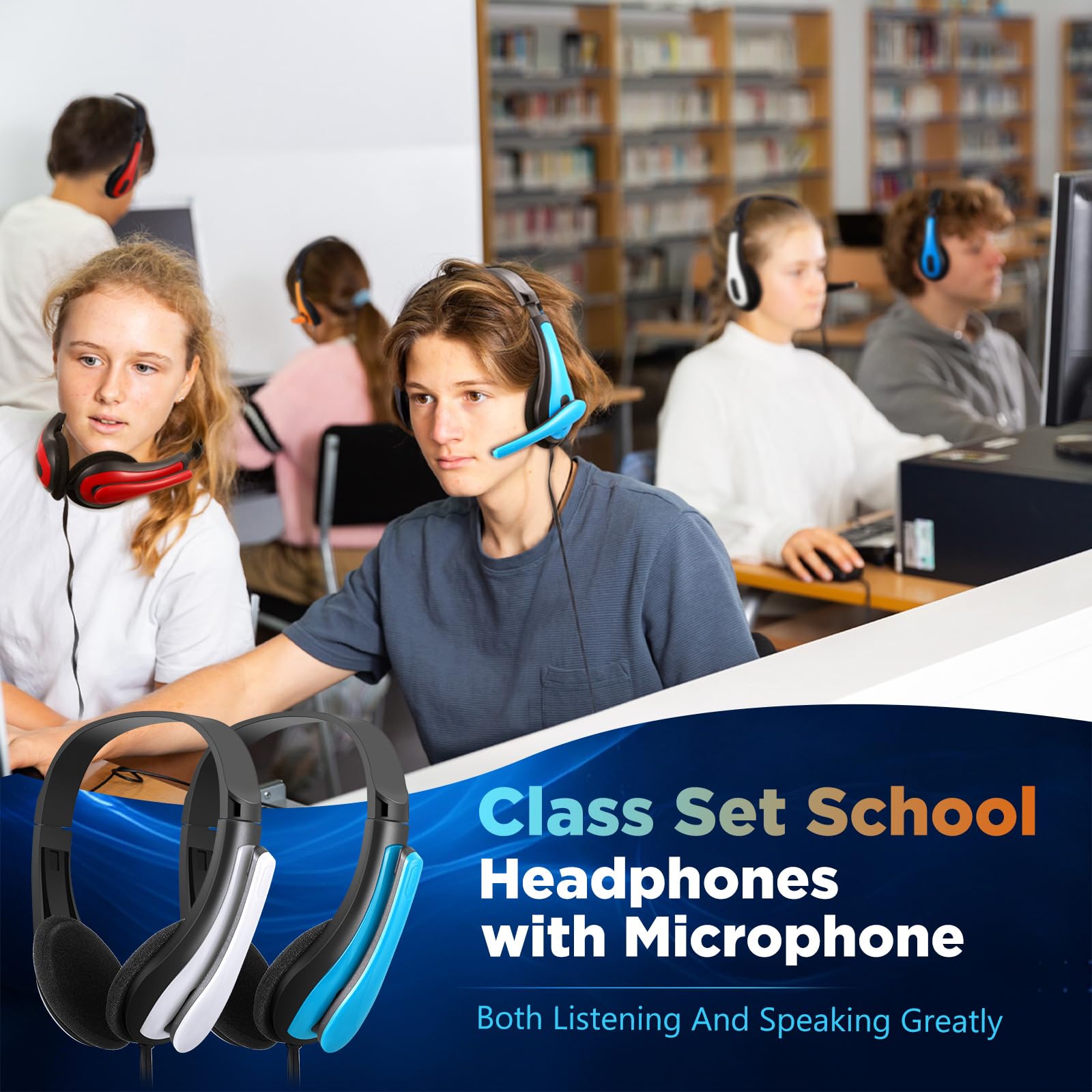 Yunsailing Lot de 30 écouteurs filaires pour salle de classe avec microphone pour école, bibliothèque, ordinateur, bureau, adultes, prise jack 3,5 mm (rouge bleu)