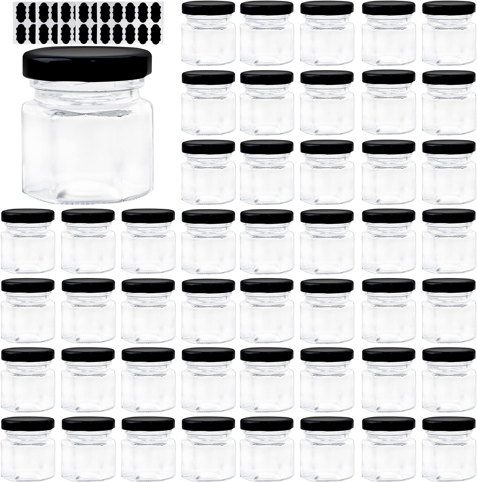 1.5 oz Hexagon Mini Glass Jars with BLACK Lids and Labels