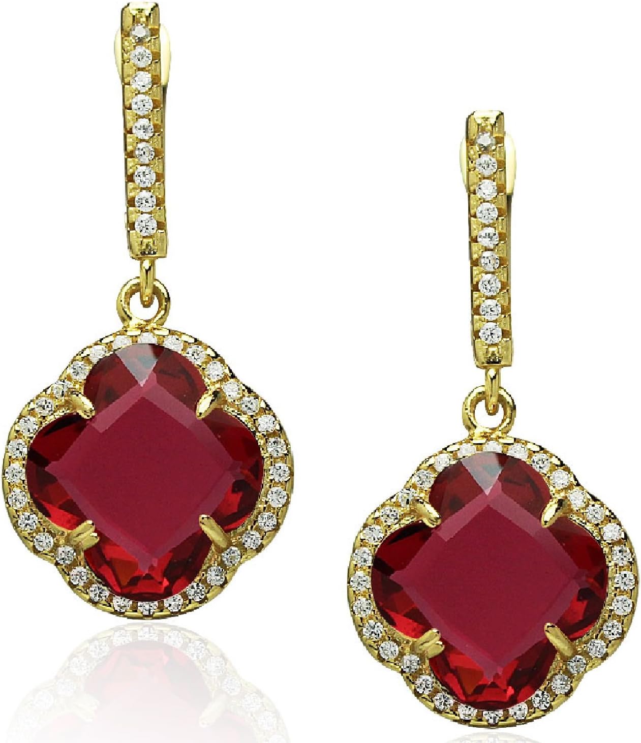 Piers Design Fuchsia Glass Stone Clover Dangle Earrings, CZ Border, Gold Flashed Sterling Silver