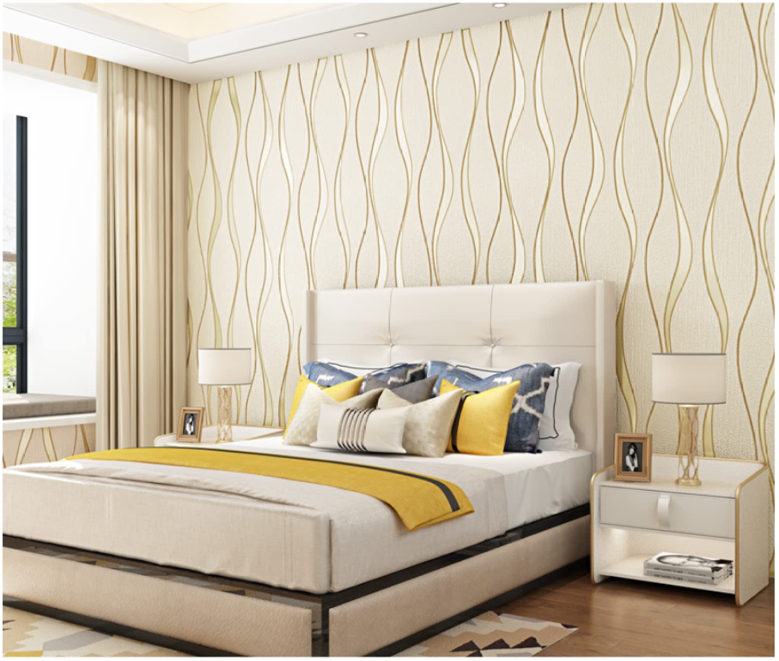 Papier Peint Couleur crème 0,53 m x 9,5 m, Moderne et Minimaliste, Motif Vagues 3D, Non tissé, décoration pour Salon, Chambre à Coucher, Cuisine