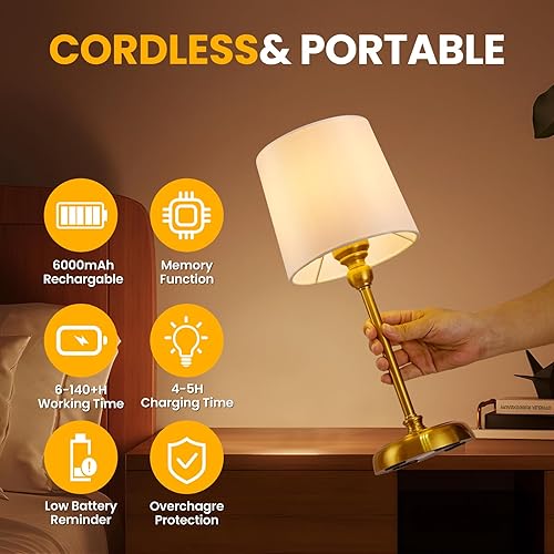 Miniatura 3 de Lámpara de mesa LED inalámbrica, batería recargable de 6000 mAh, pequeña lámpara de noche portátil, luz táctil regulable para patio, mesa ambiental