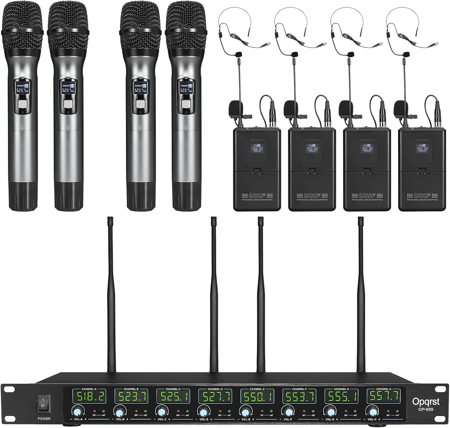Wireless Microphone System 8 Channel UHF 4 Handheld 4 Bodypack Headset Lapel Mics Fixed Frequency Metal Cordless Microphone for Church Singing DJ Wedding Party Ktv