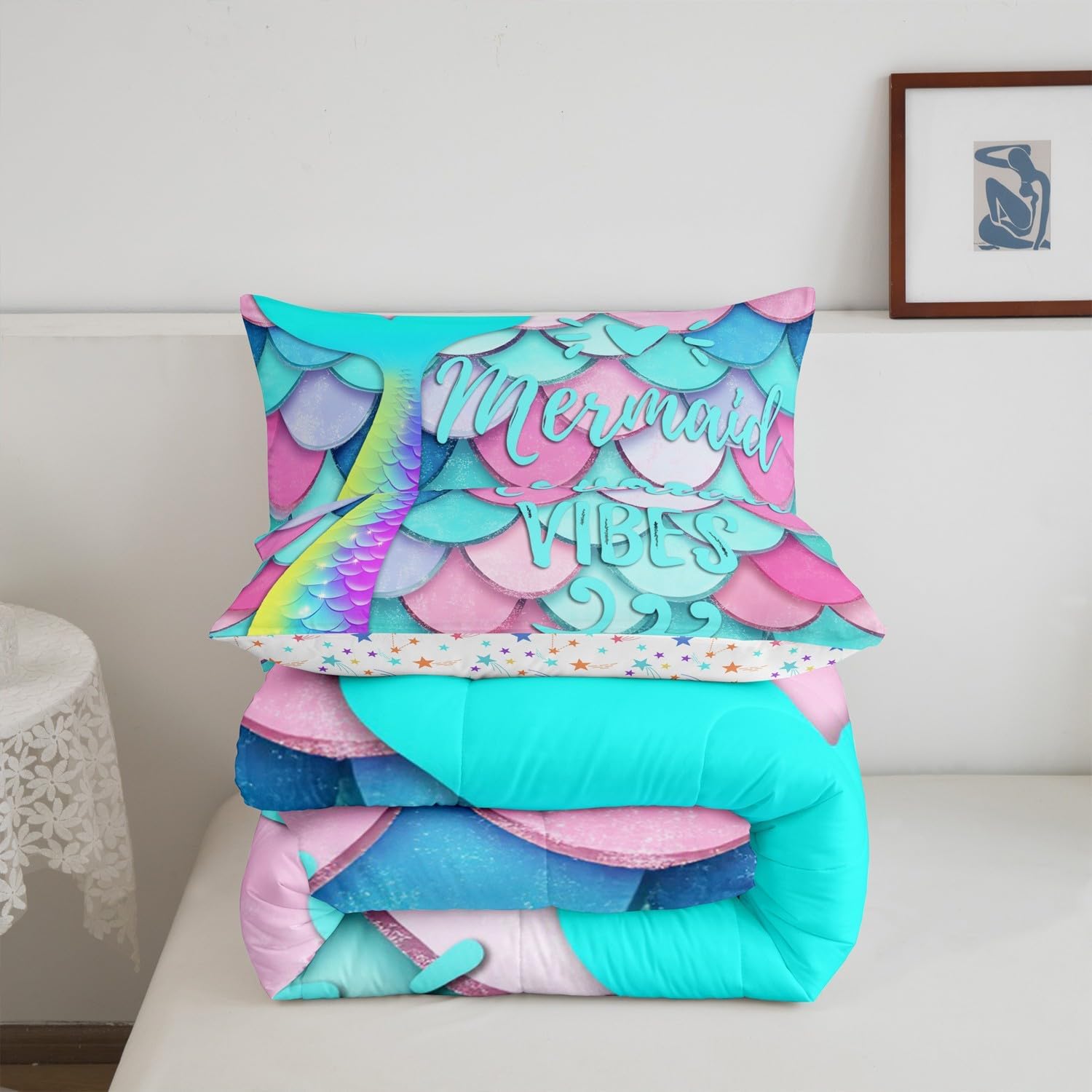 Erosebridal Girls Mermaid Comforter Set Twin Size, Kids Fish Scales Duvet Sets, Rainbow Sweet Bedding Set for Boys Teens Women Bedroom, Ocean Life Sea Animal Down Comforter with 1 Pillow Case