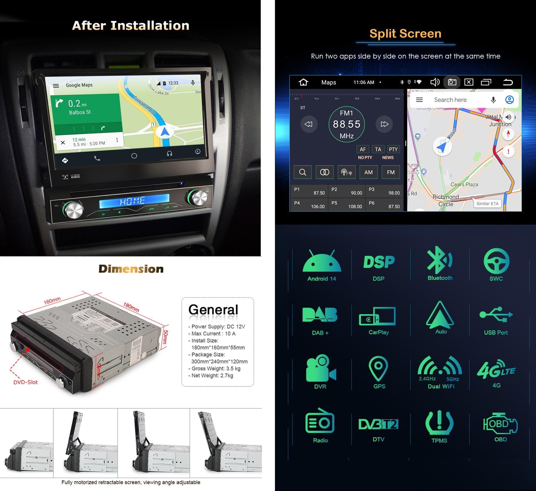 7" 8 cœurs 4Go+64Go Android 14 Autoradio DVD GPS Navigateur Universal 1 Din | CarPlay sans Fil Android Auto Stéréo Lecteur CD WiFi DSP RDS 4G Bluetooth 5. 0 Écran Tactile
