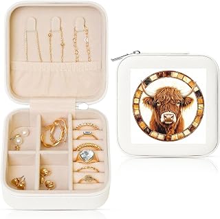 Highland Cow Stained Glass Travel Jewelry Case Organizer, Pu Leather Jewelry Storage Holder For Rings Earrings Pendants Necklaces For Girls Women