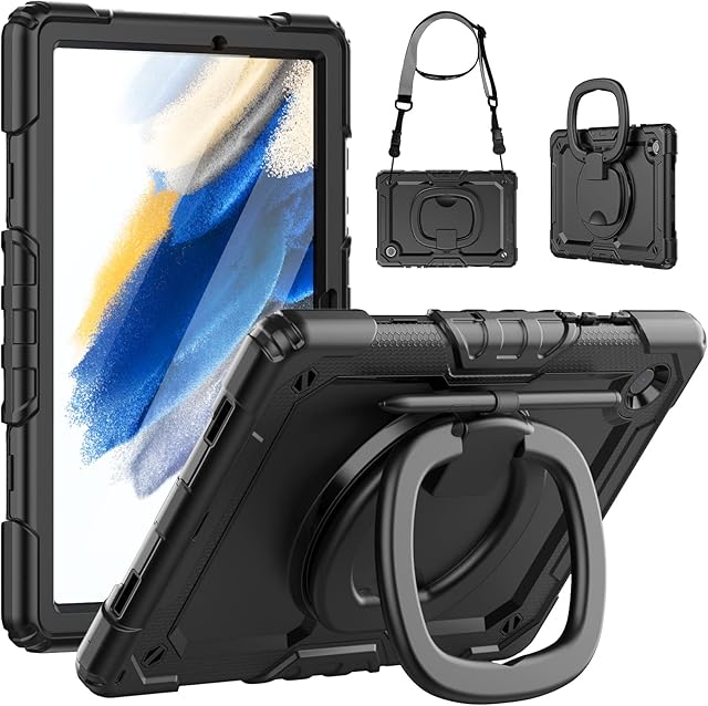 SEYMCY for Galaxy Tab A8 Case 10.5 Shockproof with Handle Stand, 3-Layer Protective Samsung A8 Tablet Case with Screen Protector, Carrying Strap Heavy Duty Tough Tab A8 Case 2022, Black