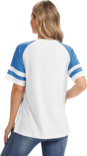 Miniatura 3 de Sunidol Camiseta de béisbol para mujer, raglán, manga corta, cuello redondo, retazos, casual, holgada, de béisbol, camisetas para mamá