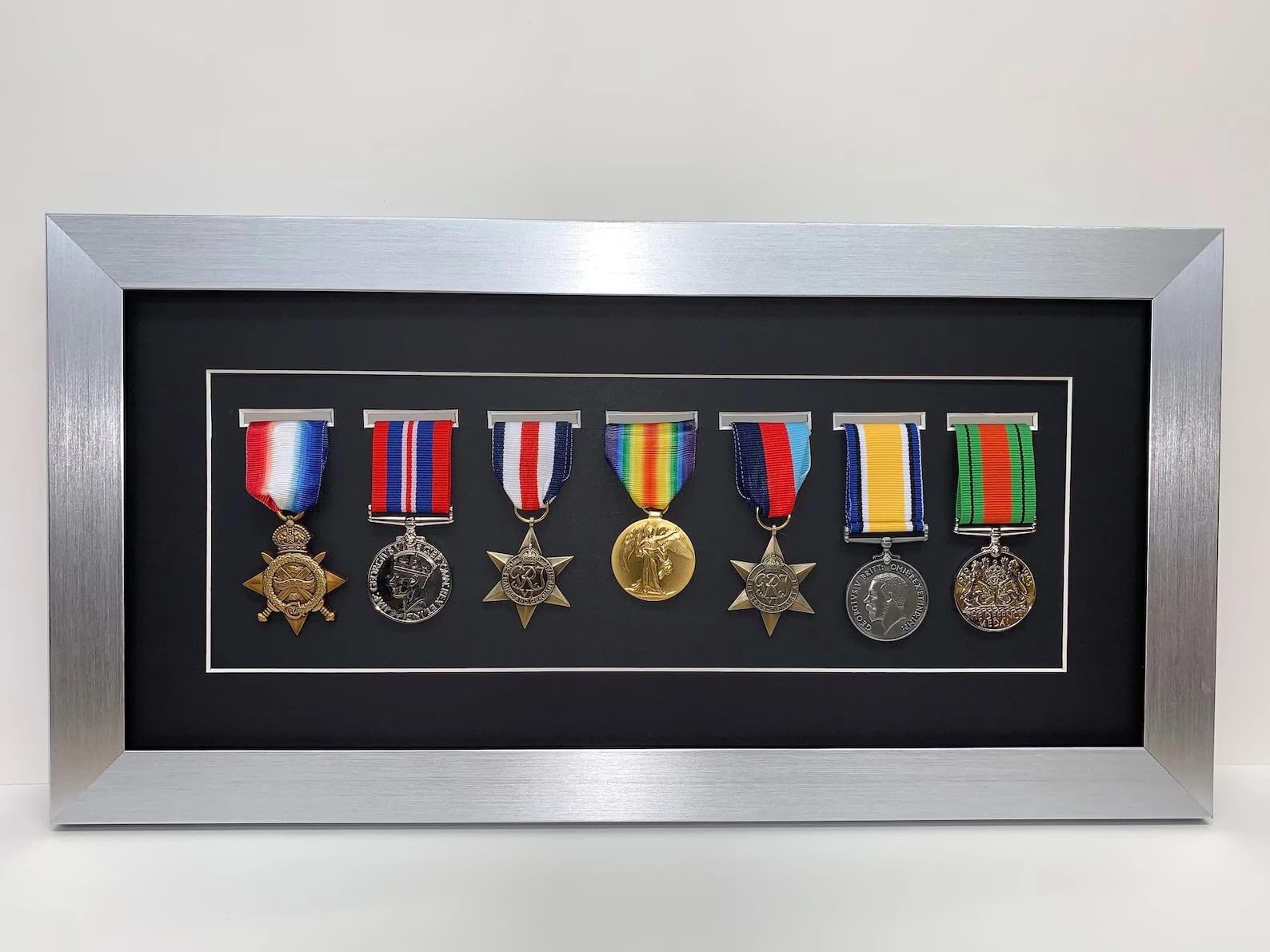 Kwik Picture Framing Ltd 7 Medal Military Medal Display Frame 48x26cm, Black Mount - Extra Large Deep Shadow Box Case for Army Navy RAF War Memorabilia Display | Wall Hanging Frame
