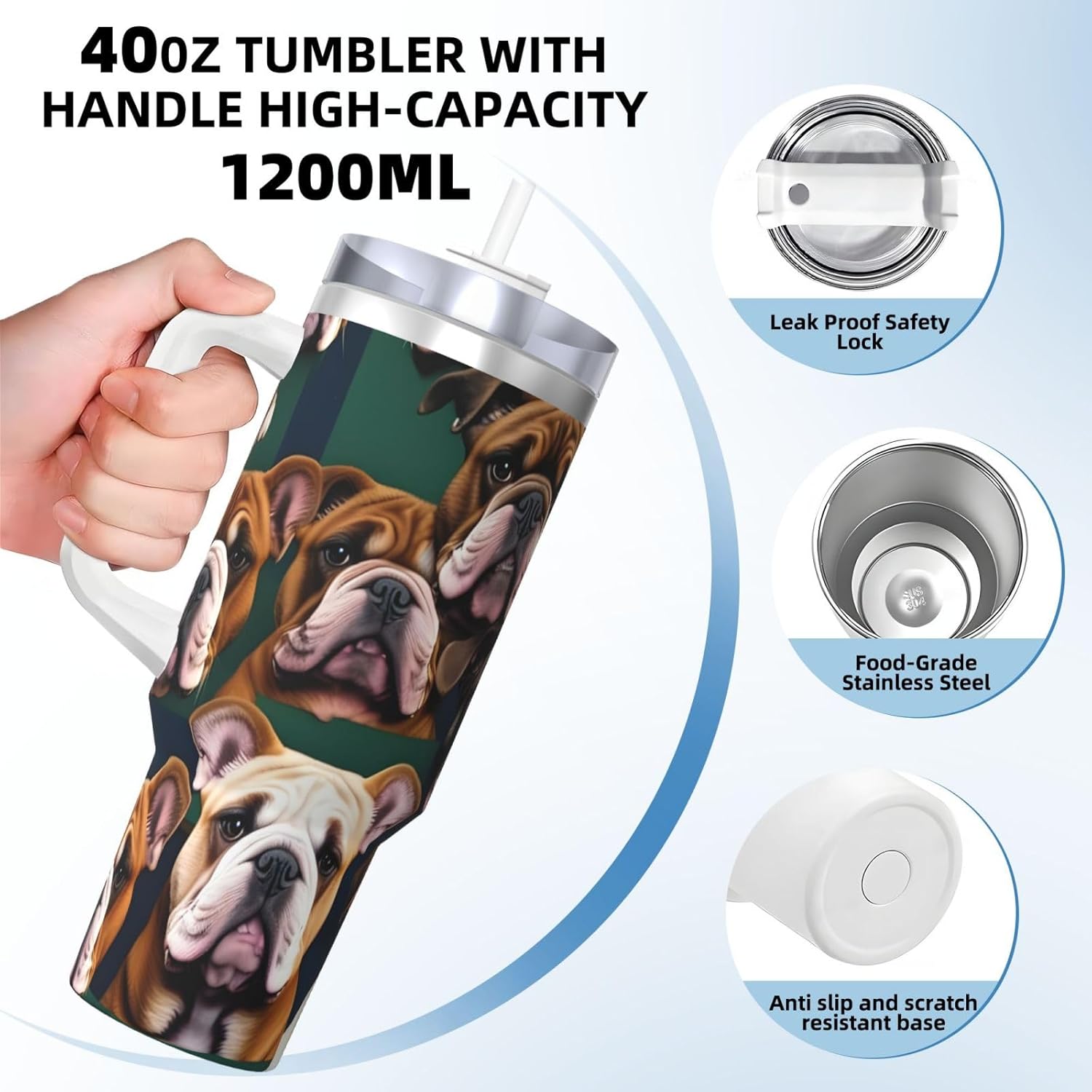 40 OZ cute english bulldog Print Ice Bully Cup with Handle Straw Lid Straw,Stainless Steel Tumbler Coffee Cup