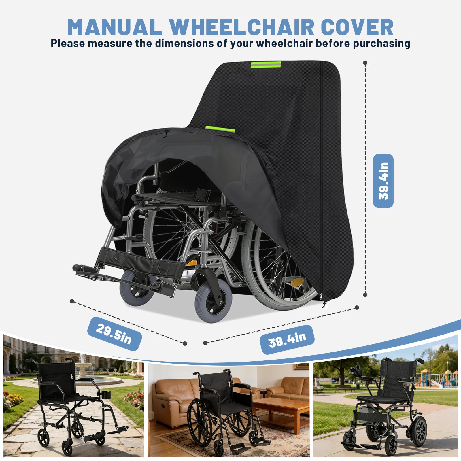 Funda para silla de ruedas manual, Funda protectora para silla de ruedas, Oxford 600D impermeable para bicicleta, scooter, scooter de movilidad , con franja fluorescente,100*100*75cm (Black)