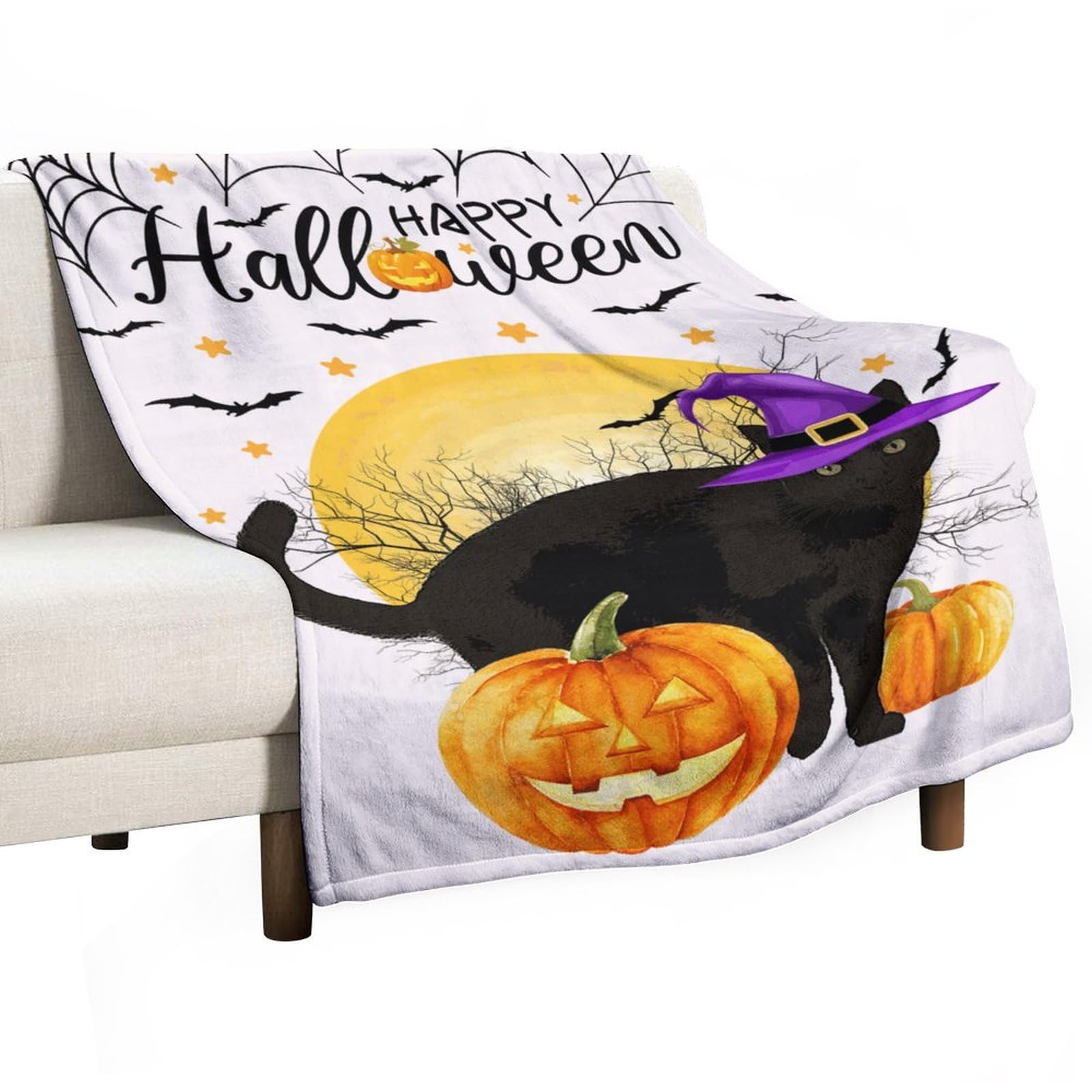 Couverture en flanelle motif chat de sorcière Halloween douce et chaude pour lit et canapé 178x203cm