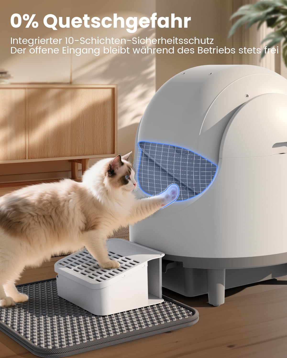 Offenes, Katzenklo Selbstreinigend für große Katzen (10 kg), XL Automatische Katzentoilette, 2 Rollen Müllbeutel, Geruchskontrolle, 10 Sicherheitssensoren, leise Roboter-Toilette für Katzenklo