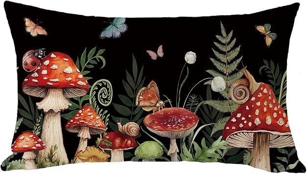 Mushroom Lumbar Decorative Throw Pillow Cover 12 x 20 | Rectangular Mystical Forest Fairy Tale Dark Cottagecore Outdoor Home Decor, Fall Fern Plant Botanical Sofa Couch Cushion Case