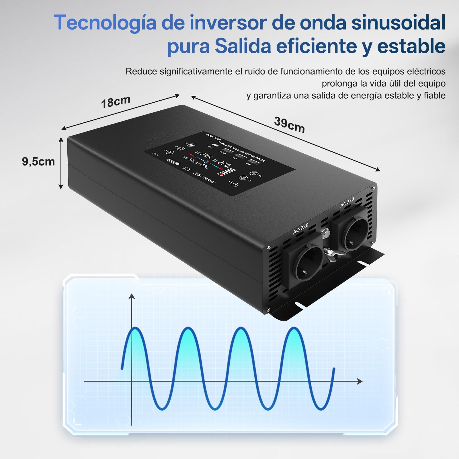 DATOUBOSS Inversor 24V 220V 2000W Onda Pura, Convertidor 4000W(Pico) con 2 Enchufes de la UE, Transformador con 4 USB (1xQC3.0, 1xUSB-C, 2xUSB-A), Pantalla LCD,Mando a Distancia,para Coches Camiones