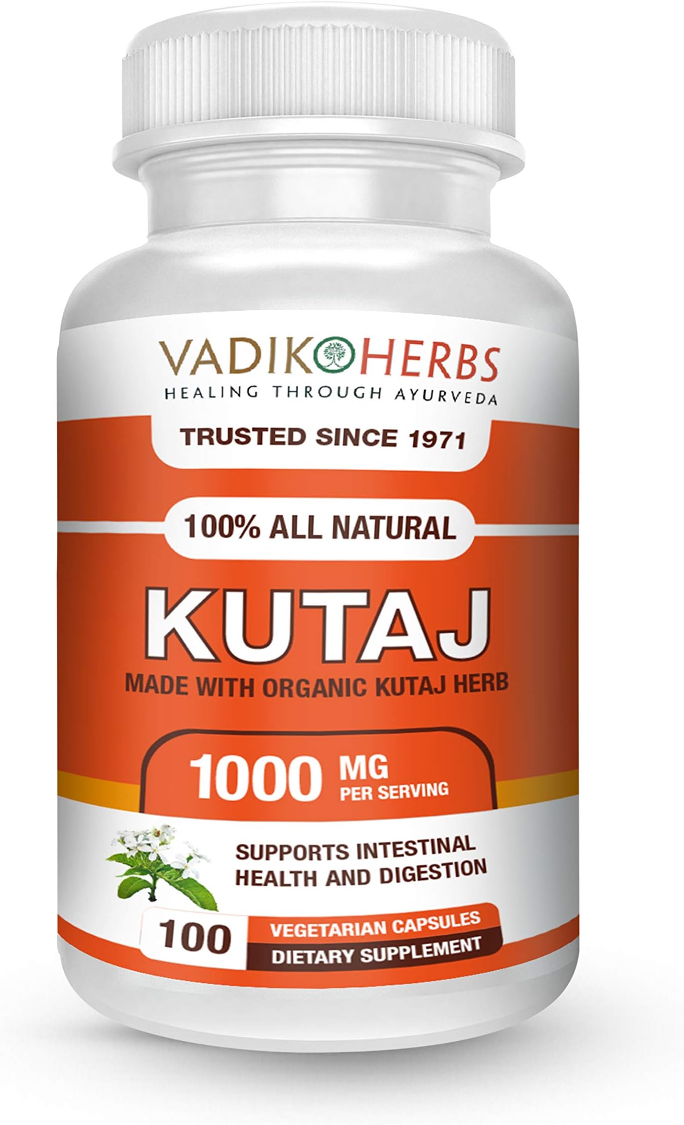 Vadik Herbs Kutaj (Holarrhena Antidysenterica, Kutaja) 100 Vegicaps Safety Tested & Wildcrafted Ships from California Premium Quality Herbal Supplement for Digestive Support