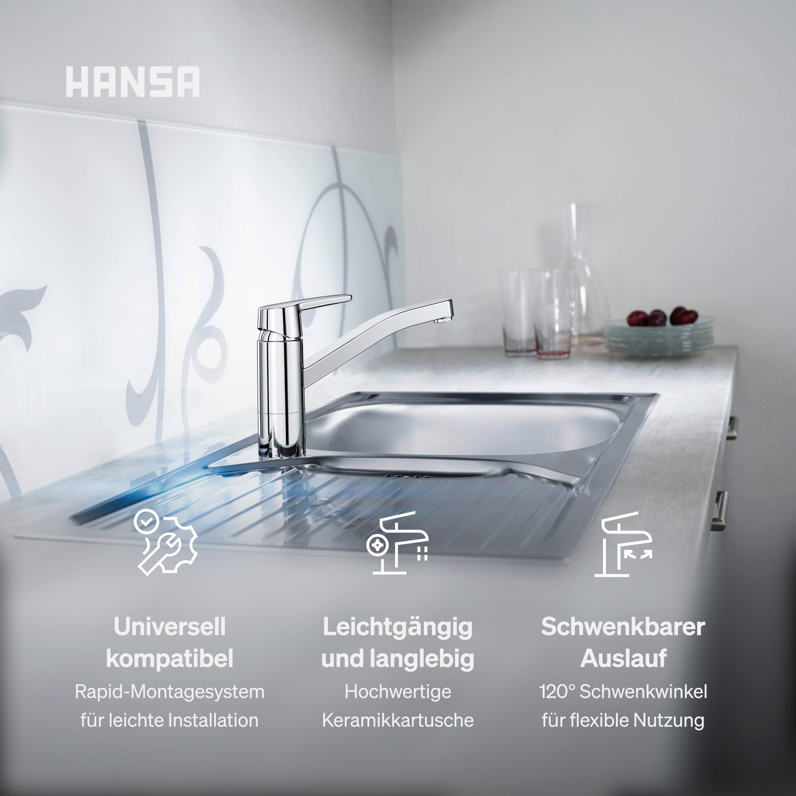 HANSA POLO Küchenarmatur Hochdruck | Armatur 120° schwenkbar I Hoher Auslauf für Töpfe | Wasserhahn Küche aus DZR-Messing I Temperatur & Durchflussbegrenzer I Schnelle Montage am Spülbecken | Chrom