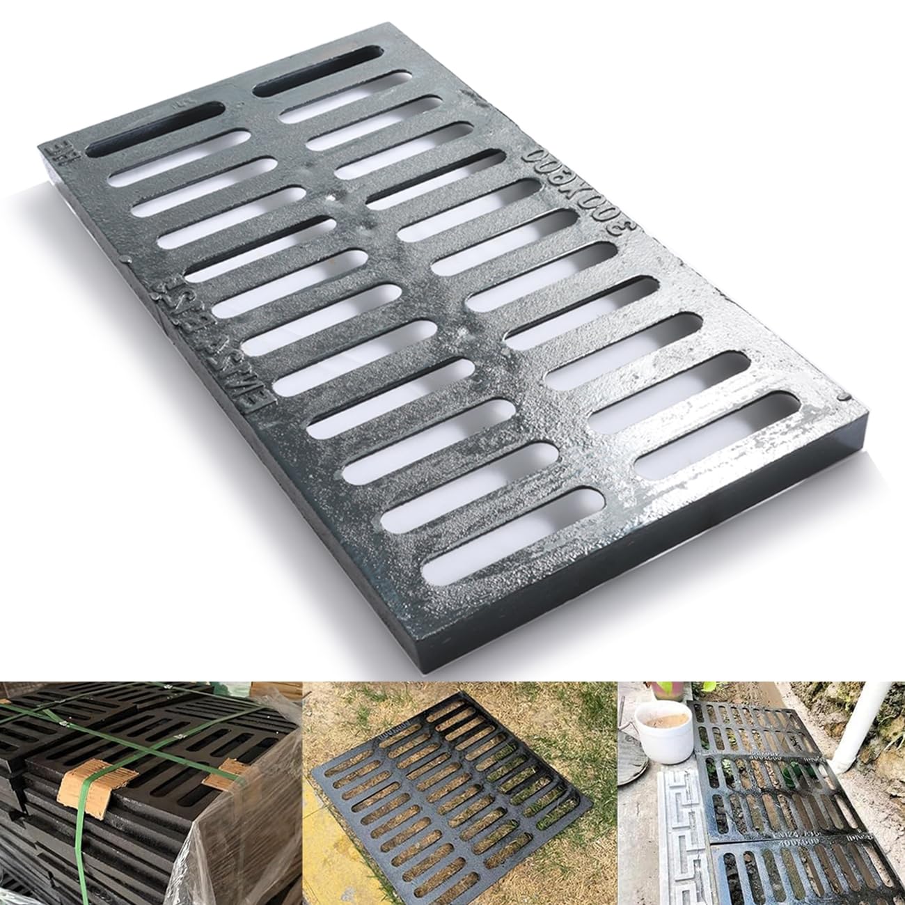 Cast Iron Drain Grate, 24 * 12in Outdoor Drain Cover, B125 Class Ductile Iron Channel Drainage Grates, Heavy Duty Sewer Grate,Black Rectangle Drain Grate for Yard,Driveway,Concrete Floor.