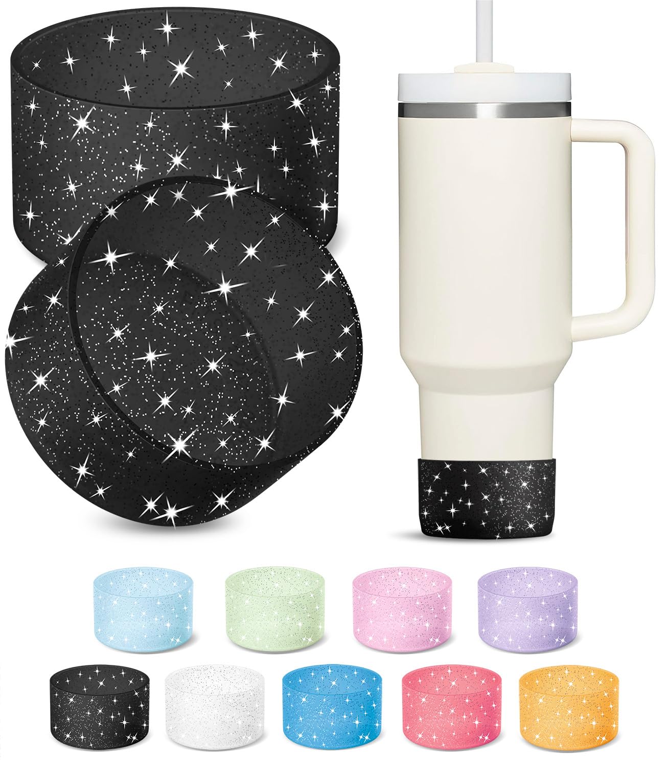KTKUDY2 PCS Glitter Silicone Boot Compatible with Stanley Tumbler 20 30 40 oz & Fits Hydro Flask Water Bottle 12-24oz & Fits Yeti, Simple Modern, Owala Cup - Bling Cup Bottom Protector Accessories