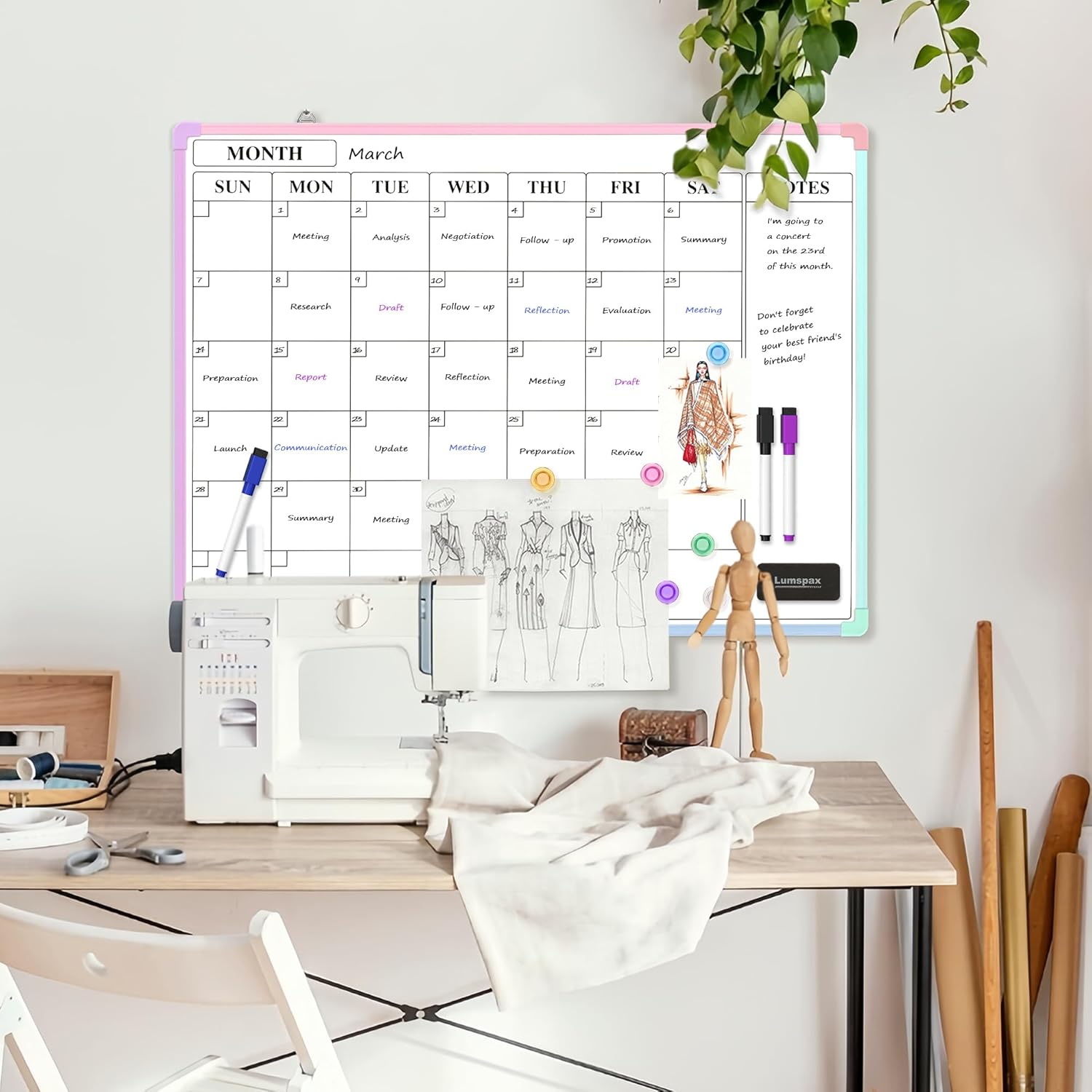 Monthly Whiteboard Calendar for Wall, 24" x 18" Dry Erase Board with Plastic Frame, Hanging Dry Erase Calendar with 3 Mini Sticky Notes for Kitchen Planner, Memo, Home and Office, Colorful