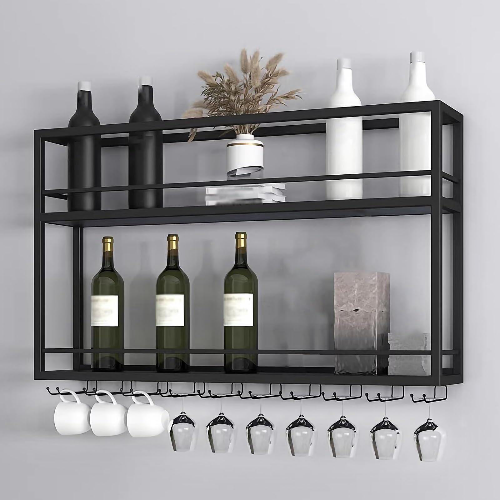 Casier à vin mural industriel 2 niveaux bois noir avec porte-verre 100cm
