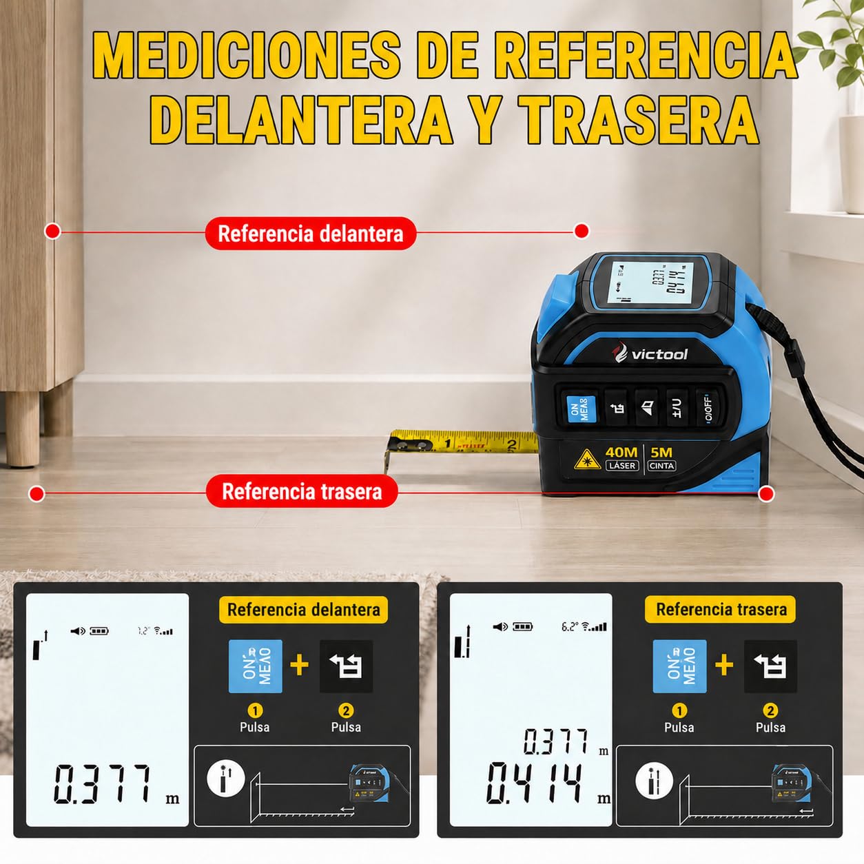 Cinta Métrica Laser 4 en 1, Medidor Laser Distancia 40m y Cinta Metrica 5m, Línea Cruzada de 16m y Trípode, Metro Digital para Bricolaje y Decoración del Hogar