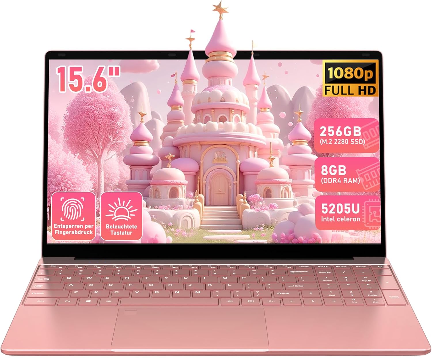 Laptop 15.6 Inch (FHD IPS Display), Notebook with Fingerprint and Illuminated Keyboard, Rose Gold, 8GB RAM, 256GB SSD – Trygood product photo