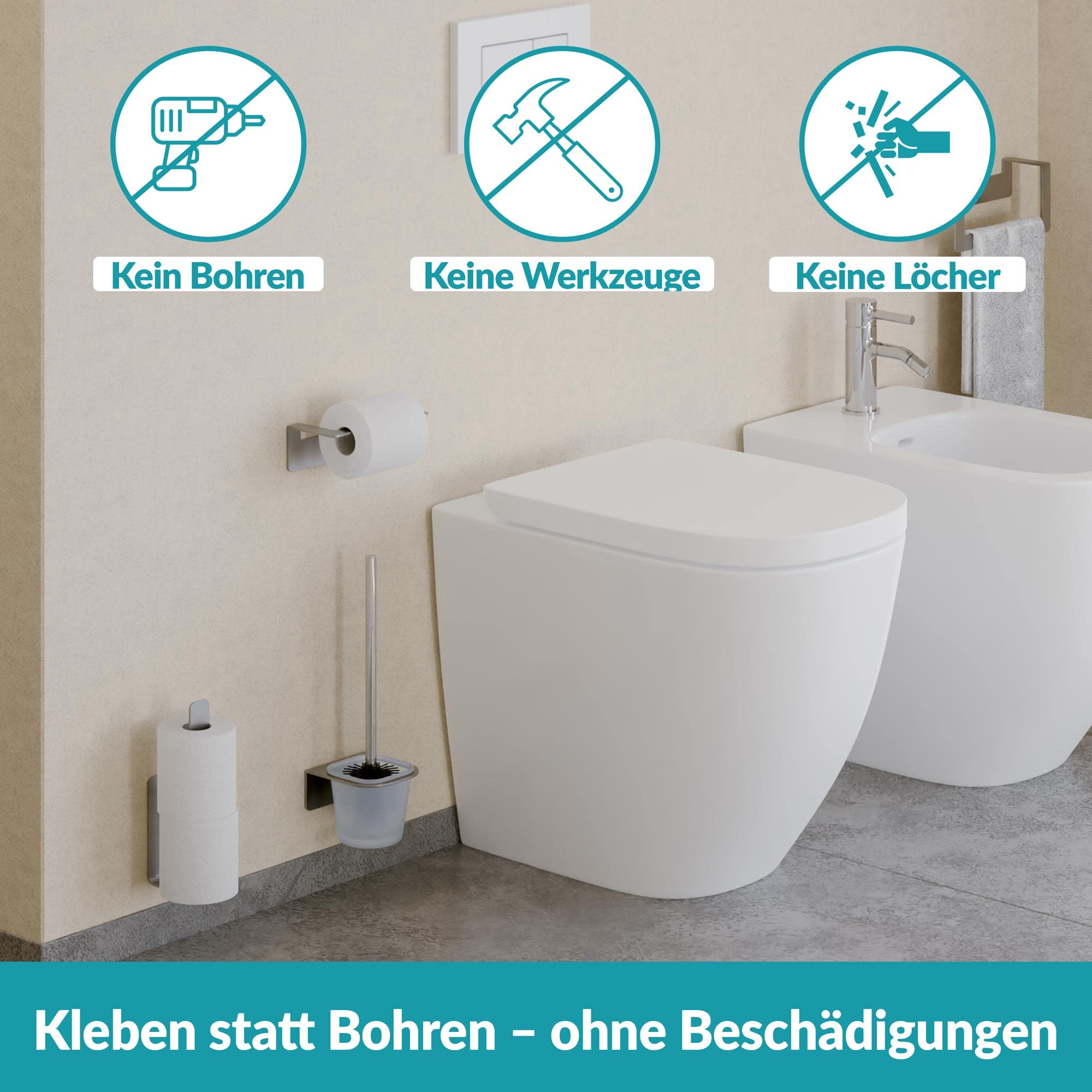 WEISSENSTEIN Toilettenbürstenhalter Set zur Wandmontage ohne Bohren - WC | Garnitur Set mit Bürste, Bürstenhalter aus Glas, Edelstahl Halterung zum Kleben