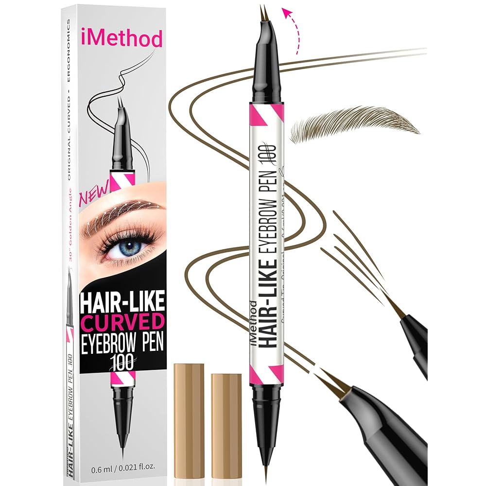 iMethod Curved Eyebrow Pen - 2-in-1 Dual-Ended Eyebrow Pencil with Curved Tip and Precise Brush-Tip, Microblading Eyebrow Pen for Natural Hair-Like Brows, Long Lasting, Brown