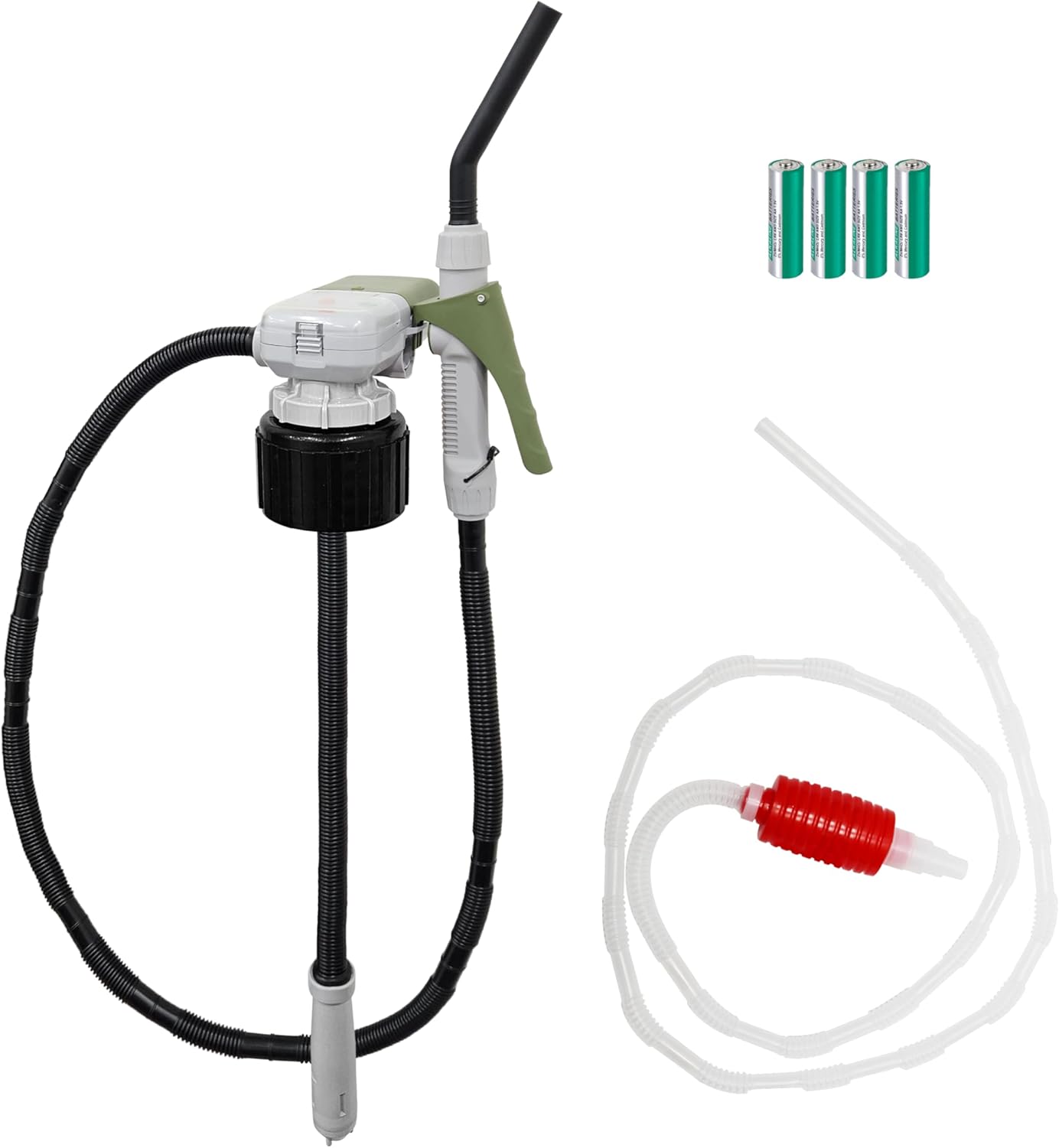 [LITE DELIGHT] Transfer Pump for Fuel, Water & More, 2.4 GPM, AA Battery Included, Squeeze Trigger Handle for Flow Control & Stop, Universal & VP Racing Can Adapters, 51 Hose, PLUS a Manual Siphon