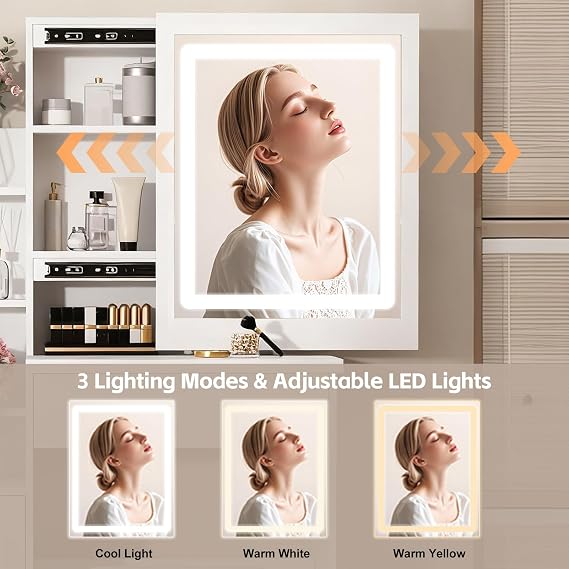 Vanity Desk with Sliding Lighted Mirror, 3 Color Adjustable Lights Makeup