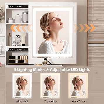 Vanity Desk with Sliding Lighted Mirror, 3 Color Adjustable Lights Makeup