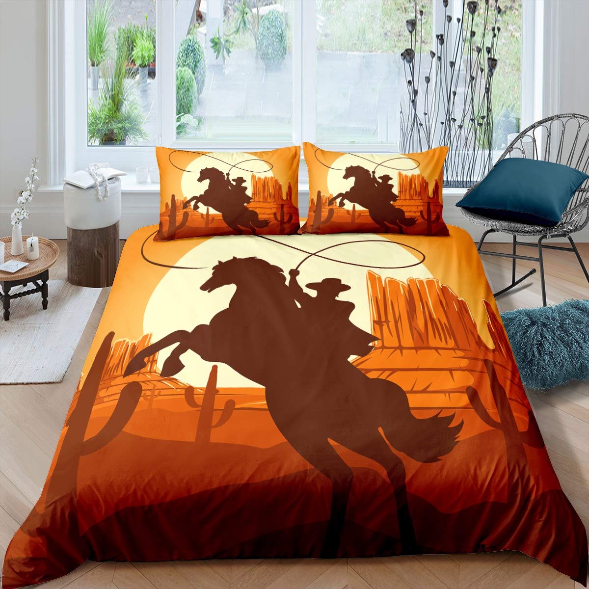 Loussiesd Boys Pattern 8 Cow Style Duvet Cover Wild West Themed Bedding Set For Kids Teens Men Galloping Horse Comforter Cover Western Scenery Decor Cactus Succulent Bedclothes 2Pcs Single Size