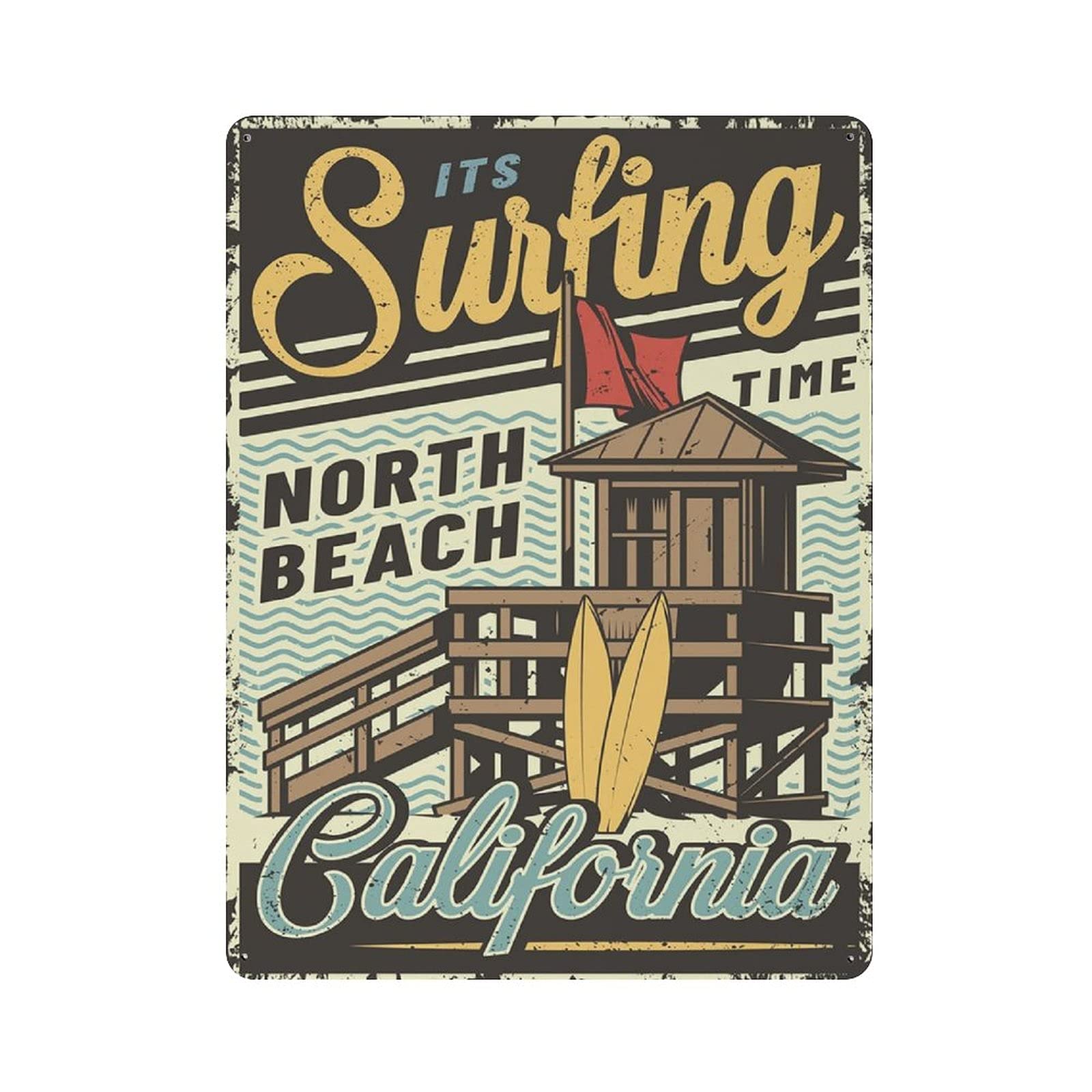 Surfing Time North Beach California Metal Tin Sign Artwork Poster Outdoor Sign Vintage Decor Plaque Poster Cave Garage Pub Bar Kitchen Home Decoration 16"x12"