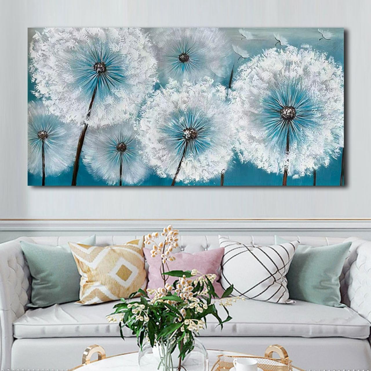 rtSee Handgemaltes Pusteblumen Leinwandbild 60 × 120 cm – Moderne strukturierte Acryl-Wandkunst in Weiß & Türkis