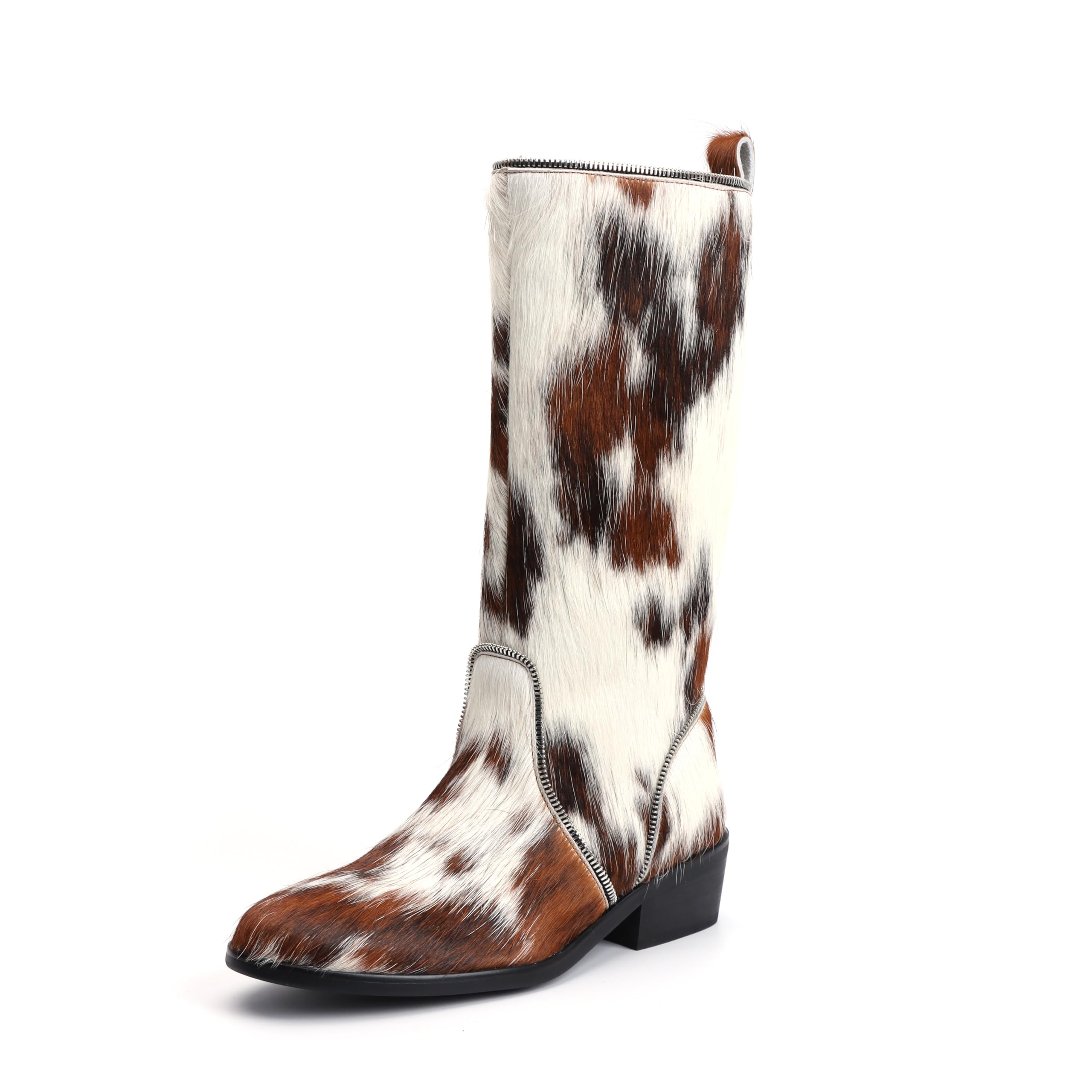 XOBZJH Womens Genuine Cowhide Hair-On Knee-High Western Boots Sheepskin-Lined Tall Cowgirl Boots with Decorative Zipper Comfort Leather Sole