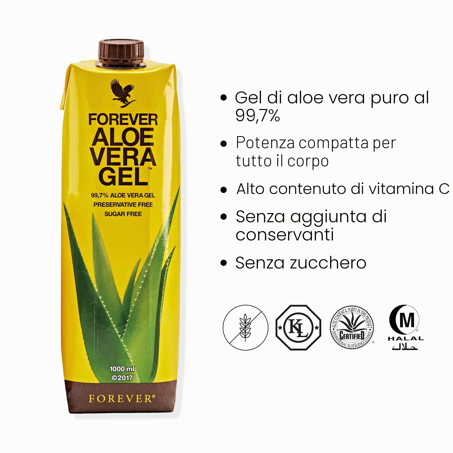 Forever Aloe Vera Gel (1 litro di succo da bere), 100% puro gel di aloe vera, senza zucchero, senza aggiunta di conservanti, vitamina C