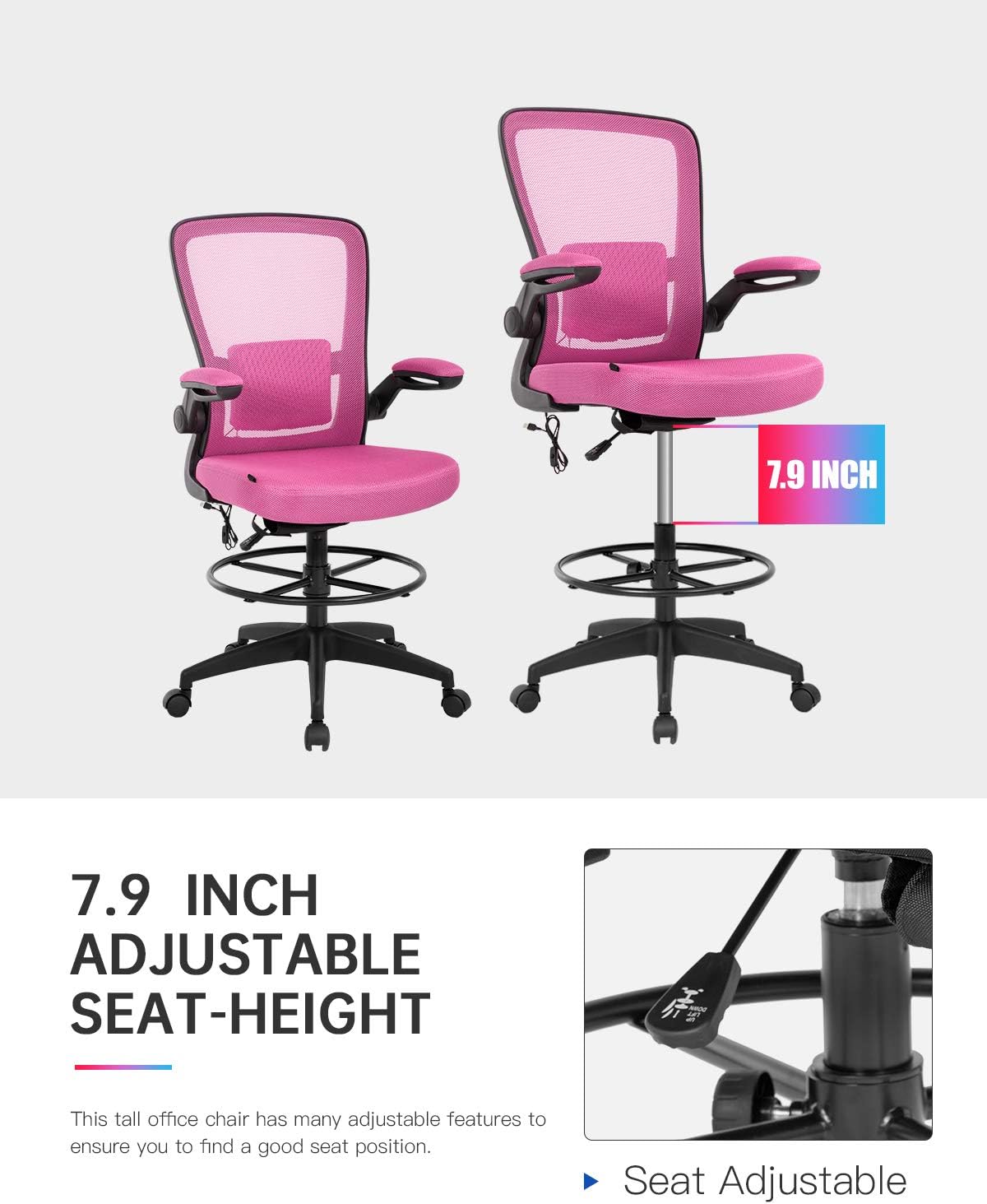 Drafting Chair Tall Office Chair Adjustable Height with Lumbar Support Flip Up Arms Footrest Mesh Desk Chair Massage Computer Chair Task Drafting Stool for Girls(Pink)