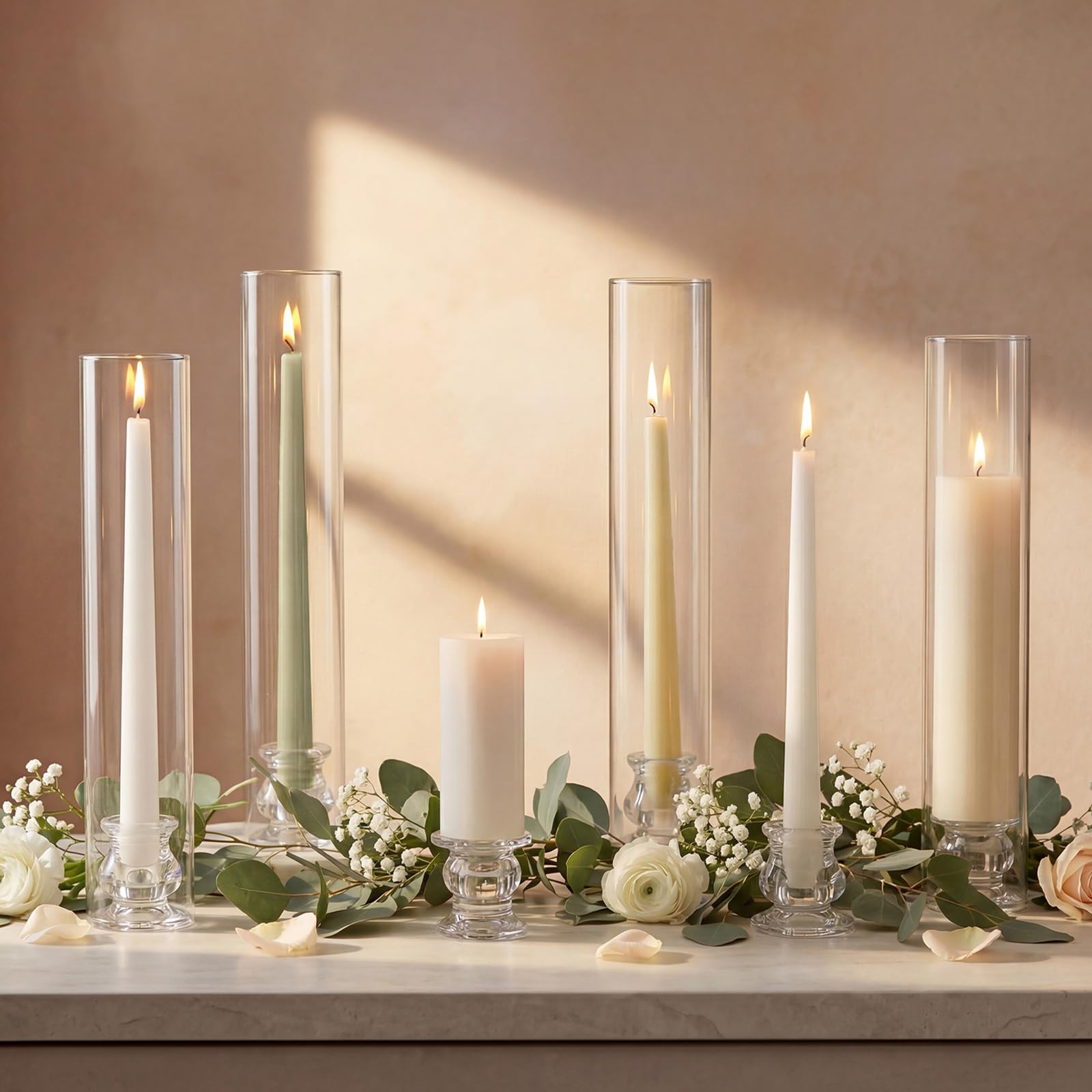 Photo 1 of Hurricane Glass Candle Holders - Set of 20 Candlestick Holders for Taper Candles, Clear Candle Holder Bulk with 12” Tall Windproof Cylinder Cover for Festival Wedding Table Centerpiece Party Decor