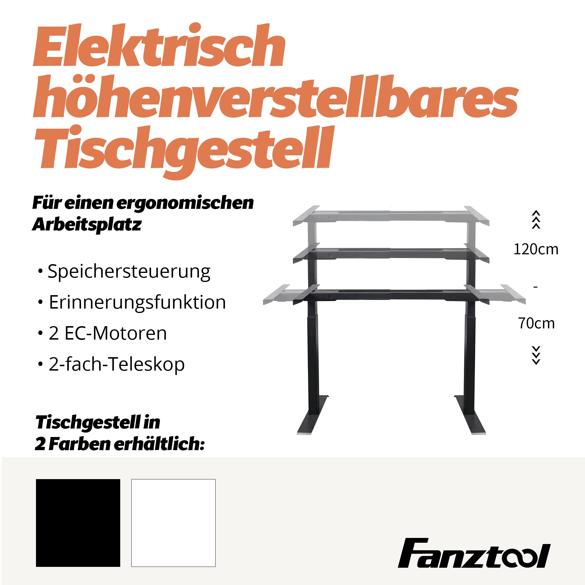 FANZWORK Support de bureau avec 2 moteurs Bosch, charge maximale 100 kg, réglable en hauteur, fonction mémoire, USB-C, bac à câbles, noir