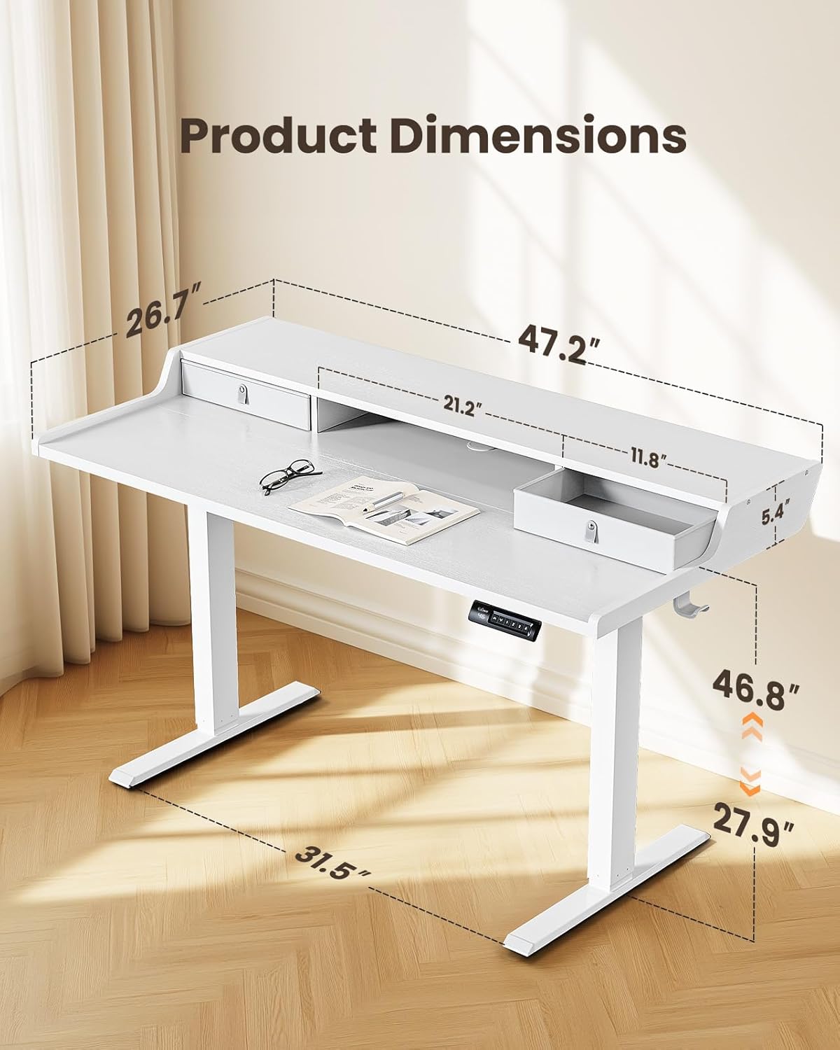 ErGear Electric Standing Desk with Drawers, 48″ x 24″ Gaming Table Compatible Monitor Stand, Stand up Desks, Home Office Height-Adjustable Desk with Storage Shelf, 4 Preset Heights, White - 3