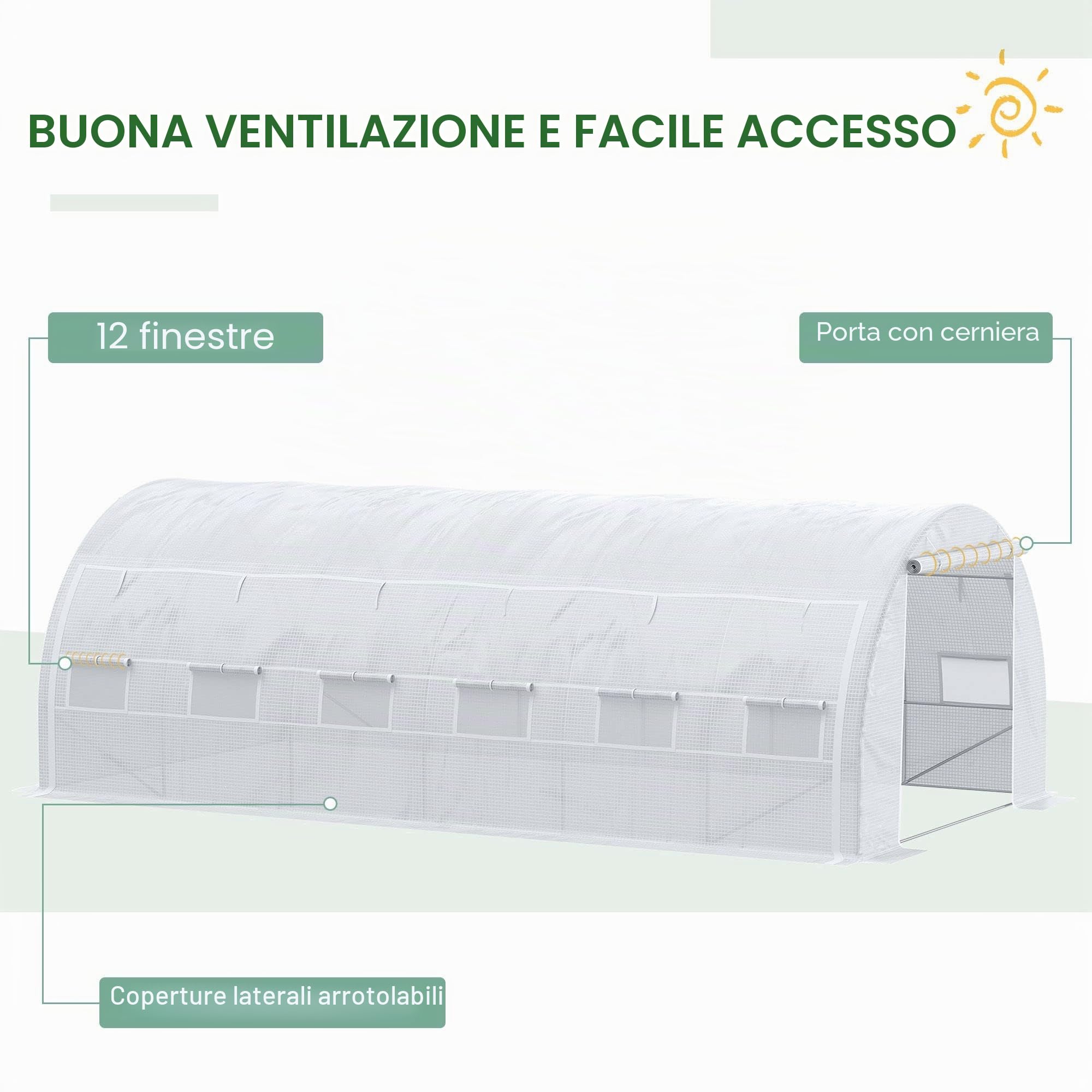 Outsunny Serra da giardino 18 m² dom. 6L x 3L x 2H m con porta + pareti laterali con cerniera arrotolabili, 12 finestre, acciaio PE ad alta densità 140 g/m² anti-UV, bianco