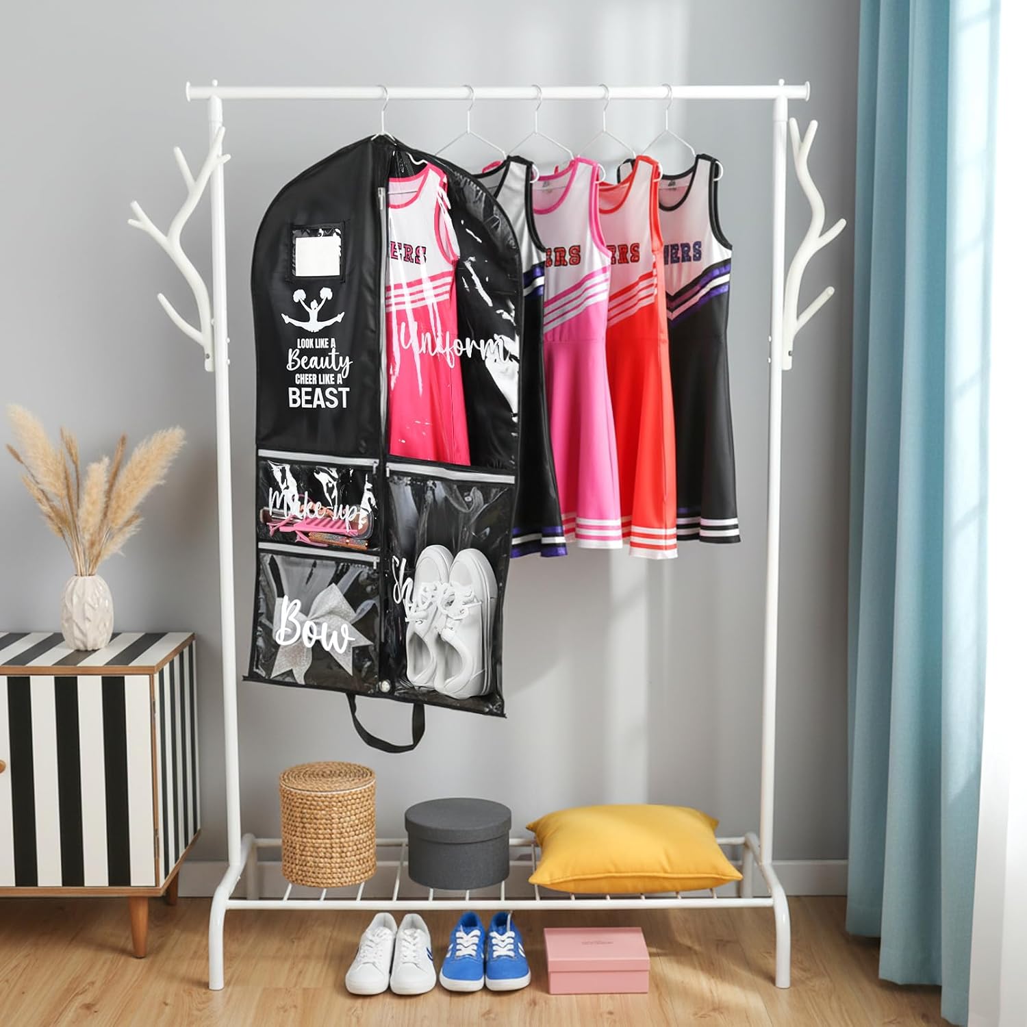 DEEKA Cheer Garment Bag for Hanging Clothes with Zipper Pockets Cheer Accessories Mom Essentials Uniform Costume 40 Inch Black Bags Stuff for Cheerleading Girls (Black,White-Cheer Quote) - Image 8