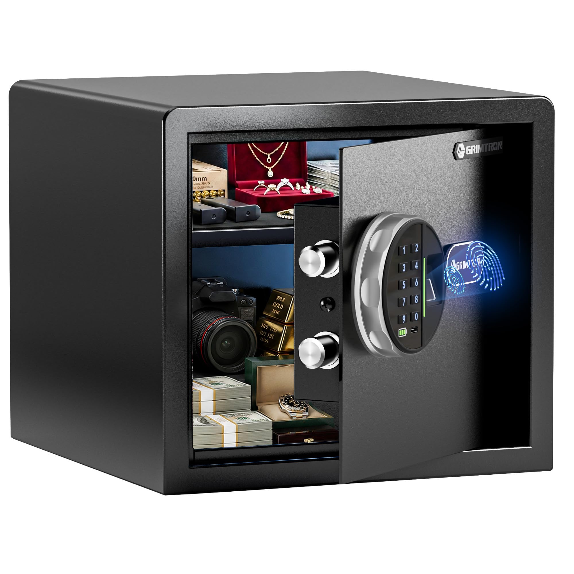 Grimtron Coffre-fort biométrique intelligent 14 L (𝟖,𝟓 𝐤𝐠) – Ouverture par empreinte digitale, mode silencieux, clavier rétroéclairé et éclairage LED, 𝐂𝐚𝐝𝐞𝐚𝐮 𝐅ê𝐭𝐞 𝐝𝐞𝐬 𝐏è𝐫𝐞𝐬