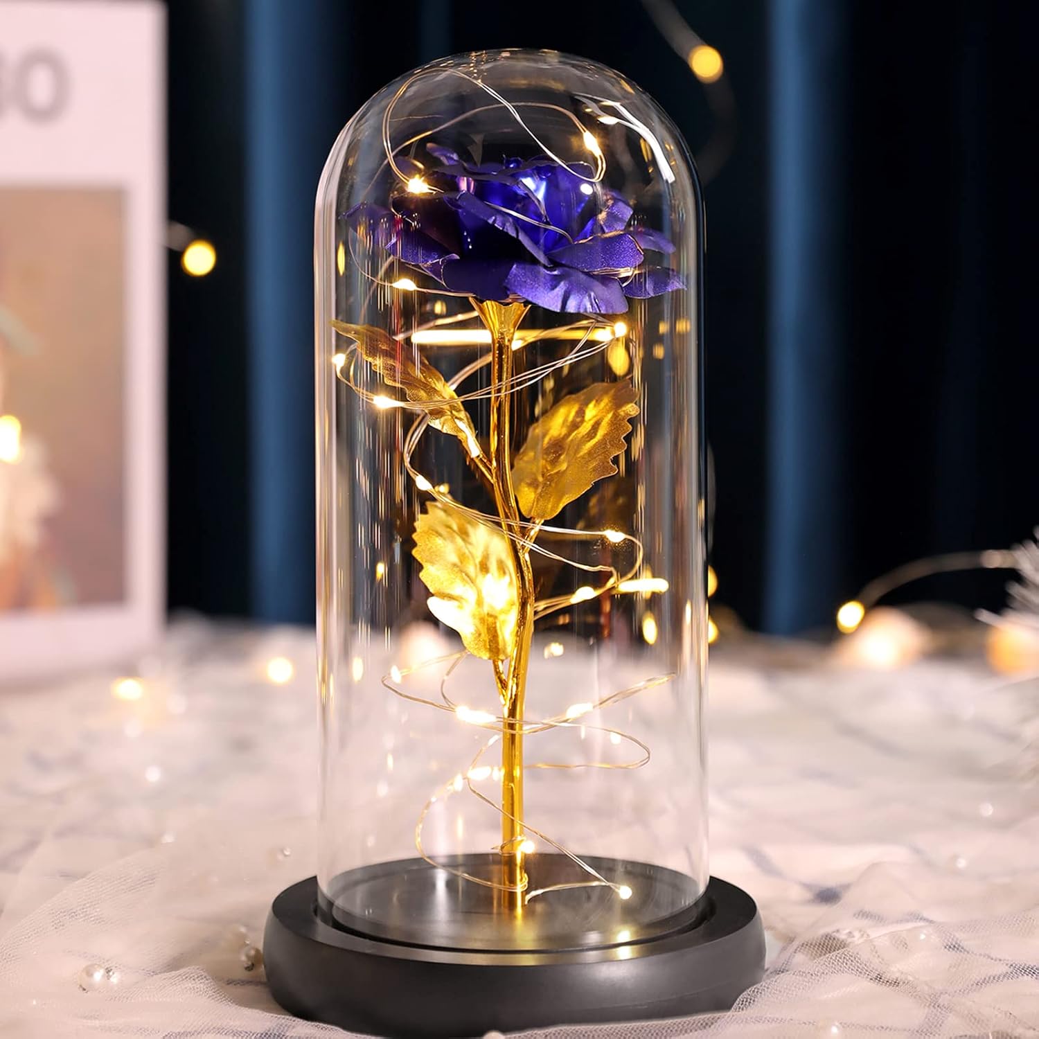 U UQUI Galaxy Blue Rose Gifts for Mothers Day with Necklace, Birthday Gifts for Women Mom Her Girlfriend Wife, Forever Enchanted Flower with Led Lights in Glass Dome from Daughter Son for Anniversary