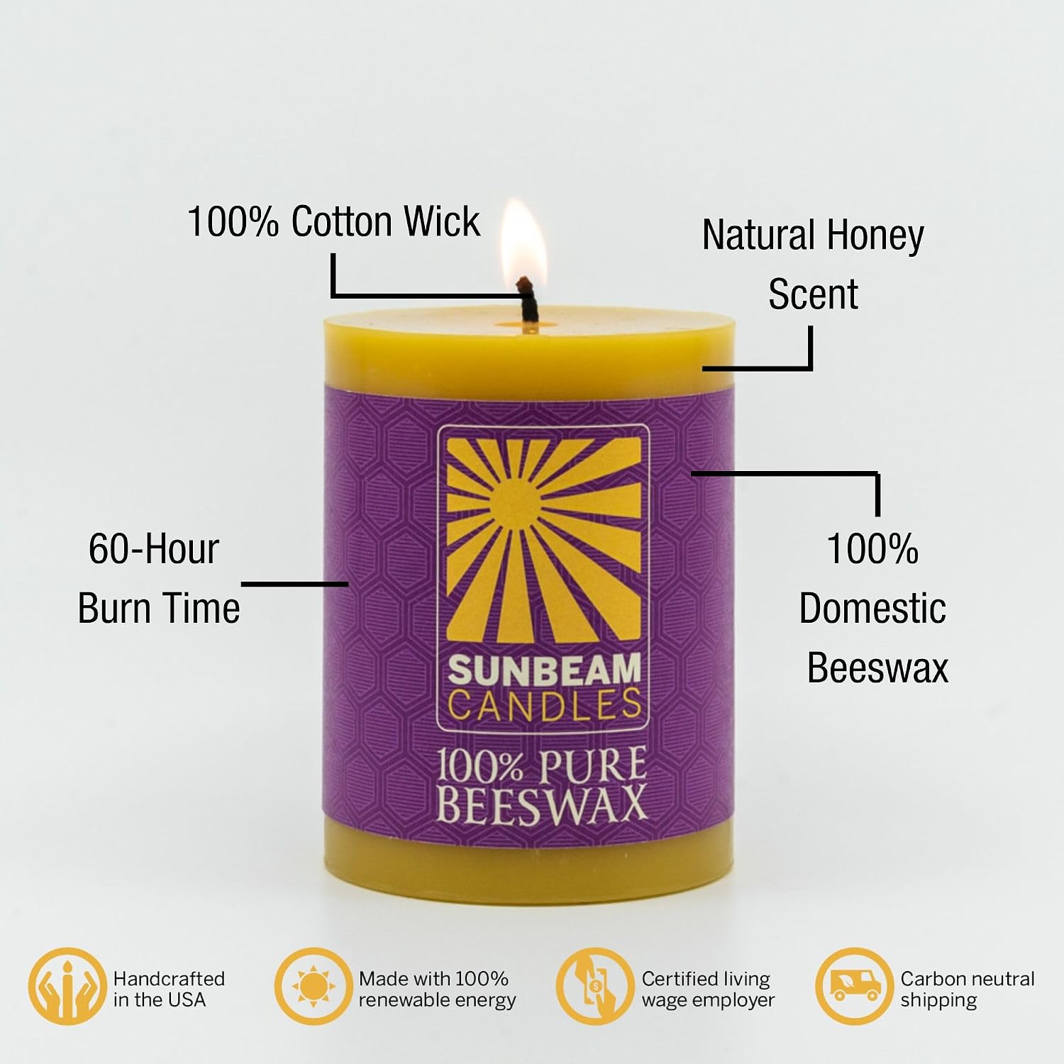 Sunbeam Candles 100% Pure Beeswax Pillar Candles | Long Burning All Natural Non-Toxic Beeswax Candles | Made in USA (Smooth, Natural Gold, 3"x4")