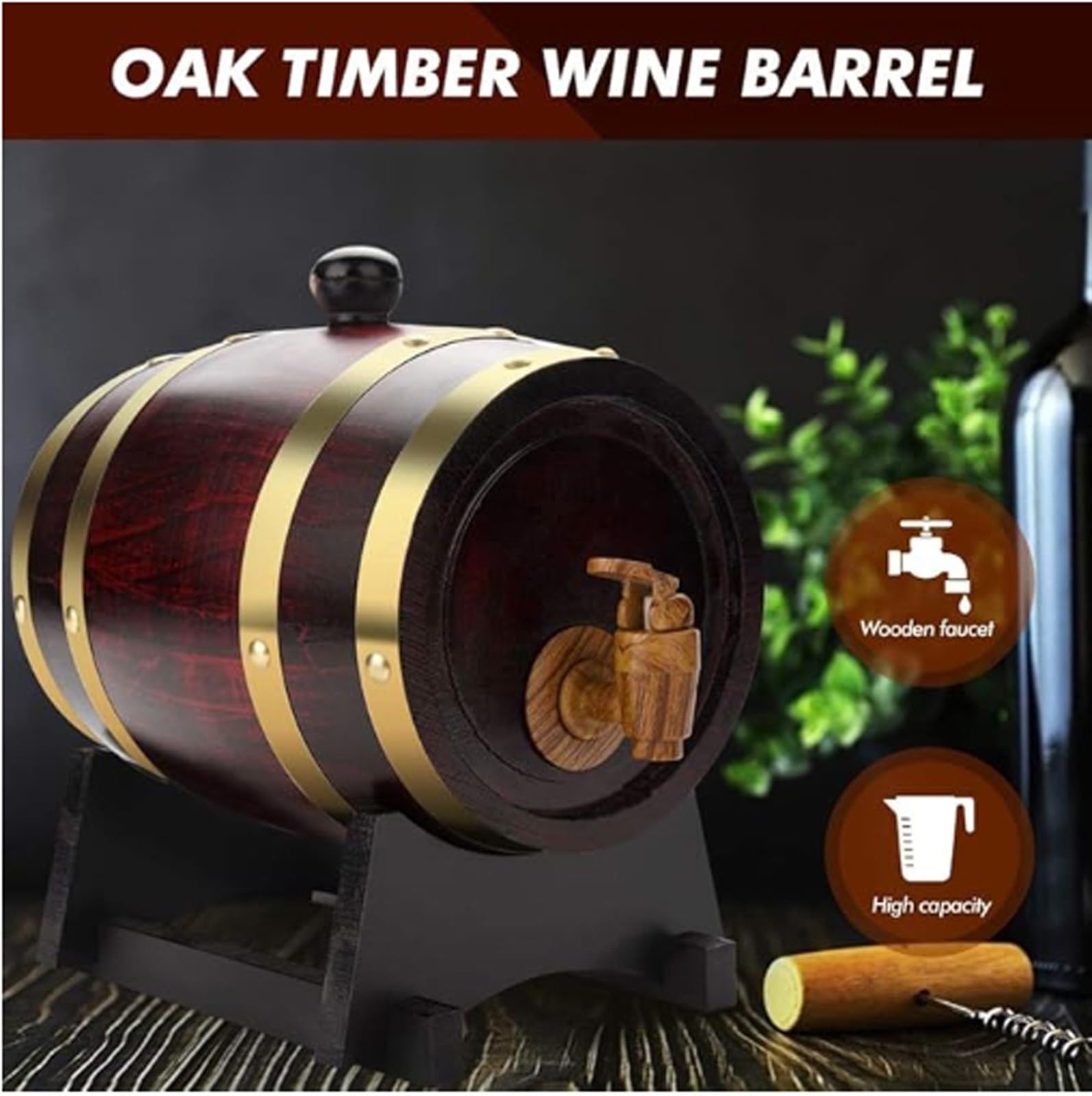 Barril de Roble (10l, 15l, 20l, 30l, 50l), Barriles de Vino, Barriles de Madera Vintage para Whisky, con Grifo/Soporte, Revestimiento de Papel de Aluminio(F,10L)